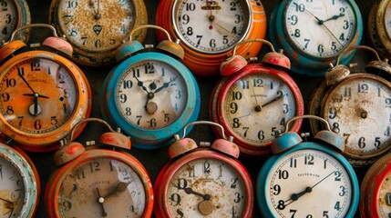Pattern of assorted vintage alarm clocks with rustic appeal
