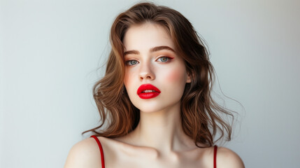 beautiful European female lipstick model with seductive lips, appearing graceful in front of the camera, attractive confident expression, striking red lipstick and thin lips, Ai Generated Images