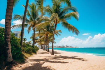 Obraz premium Serene Tropical Beach With Golden Sand And Tall Palm Trees Against A Blue Sky. Generative AI