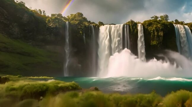 Waterfalls in a serene forest mystical fantasy fry tale magical