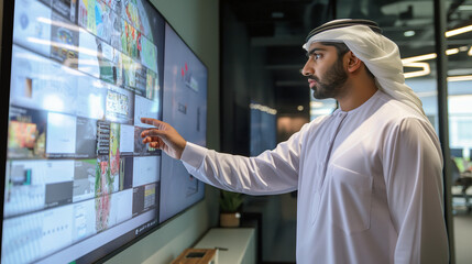 Arab Middle East man pointing fingers on interactive touch display screen Digitalization concept of Emirati in Kandura dish dash using high-tech TV screen technology