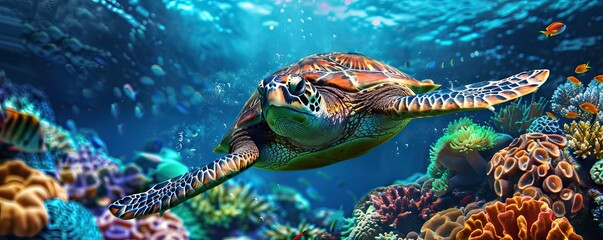 Happy cute sea turtle swimming freely in the blue ocean. Scuba diving with the underwater sea...