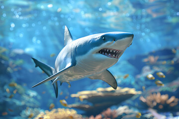 Obraz premium World Oceans Day, Shark, To celebrate and raise awareness of the world's oceans Let's work together to conserve the sea, Template 3d design