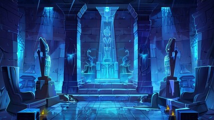 Dark throne room with neon blue lighting. Modern illustration of an ancient palace with guards and anubis statues, cracked stone pillars, and ancient vases.