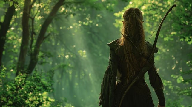 Woman elf Archer warrior looks from behind in a green forest Background wallpaper AI generated image