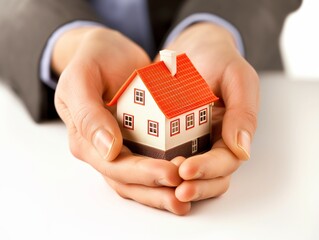 Hands cradling a miniature house, symbolizing home insurance, safety, and security.