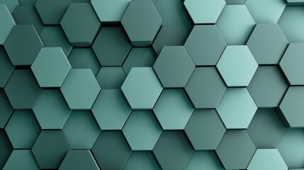 Teal and gray hexagons overlap in an abstract composition, creating a 3D layered effect.