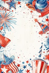 Handdrawn 4th of July doodle frame with fireworks, flags, and hats, central area clear for text