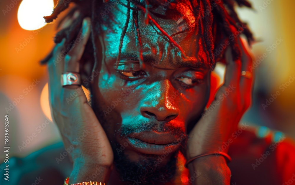 Poster a man with dreadlocks is looking down and appears to be in a state of distress. the image has a dark