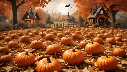 Create an image of a halloween pumpkin patch surro