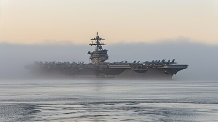 Fototapeta premium The aircraft carrier's deck, a spectacle of military precision and power.
