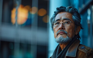 Fototapeta premium A man with glasses and a beard is looking at the camera. He is sad or contemplative