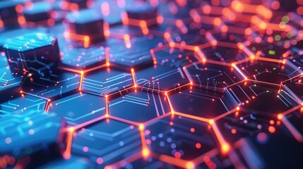 Fototapeta premium Active digital network portrayed by interconnected hexagons with vivid electrical pulses.
