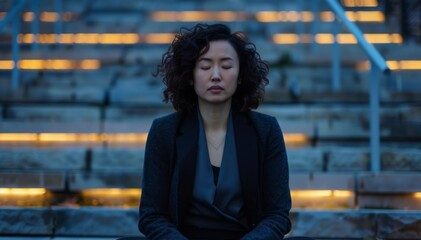 A woman is sitting on a set of stairs, looking down at her hands. She is wearing a black jacket and she is in a contemplative mood