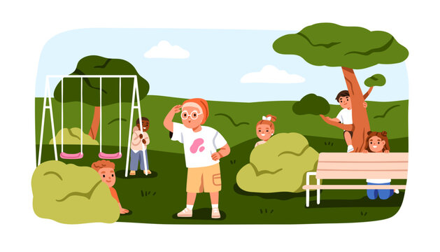 Kids playing hide and seek outdoor. Children peeking from behind bush, tree, child looking for friends. Boys, girls during leisure activity, game. Flat vector illustration isolated on white background