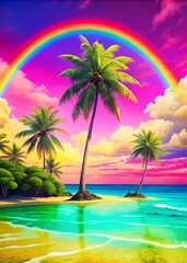 tropical island abstract background coconut palm trees beautiful beach rainbow vibrancy clouds