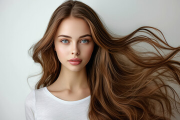 shiny brown and long hair of beautiful woman