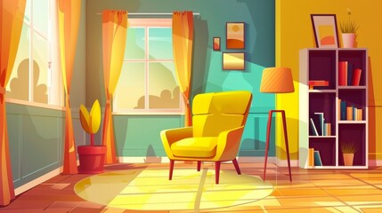A cartoon illustration of a living room in an empty house with a window, armchair, lamp, and bookshelf inside. An unfurnished cabinet studio in an empty house. A modern renovation concept.