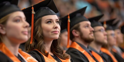 A focused female graduate in caps and gowns looks forward during her commencement ceremony