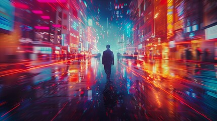 a guy walking in the middle of a neon city