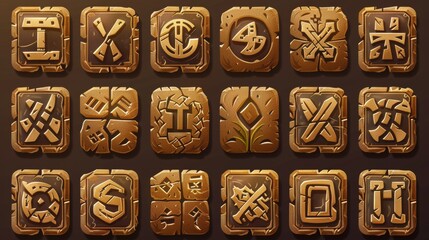 An ancient fehu letter symbol for magical witchcraft fantasy interface gui clipart. Nordic runic wood sign for UI game cartoon modern set.