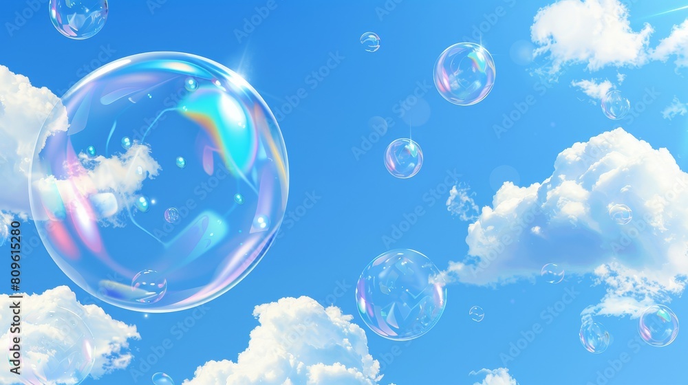 Poster The blue sky is covered in light soap bubbles floating in the air with soft white clouds. This is an abstract realistic illustration of transparent iridescent balloons floating in the air.