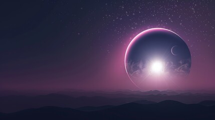 The horizon of the earth, planet, or moon at sunrise or eclipse. Abstract dark background with white stars and pink light on planet edge. Modern realistic illustration.