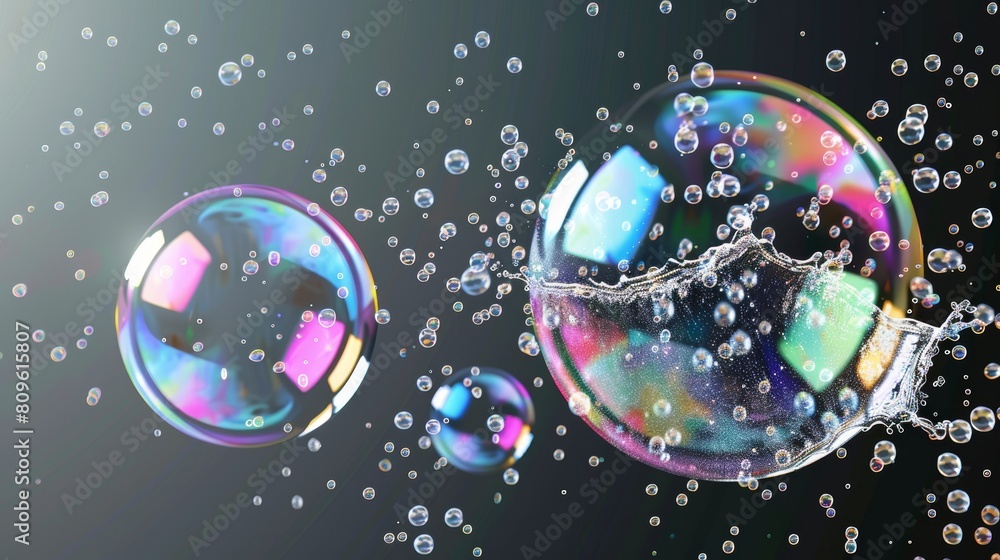Poster this is a realistic bubble burst animation set isolated on transparent background. modern illustrati