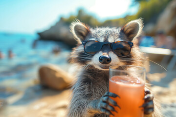 Racoon in sunglasses with cocktail, summer, created with Generative AI technology