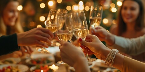 Close-up of hands toasting with champagne glasses at a festive dinner party, celebrating a special occasion - Powered by Adobe