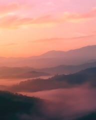 Fototapeta premium Timelapse video of a serene sunrise over a tranquil mountain range, the sky gradually lighting up with hues of orange and pink, accompanied by soothing ambient music