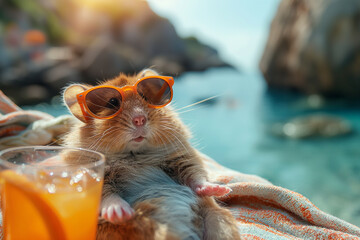 Obraz premium Hamster relax on beach, summer, created with Generative AI technology
