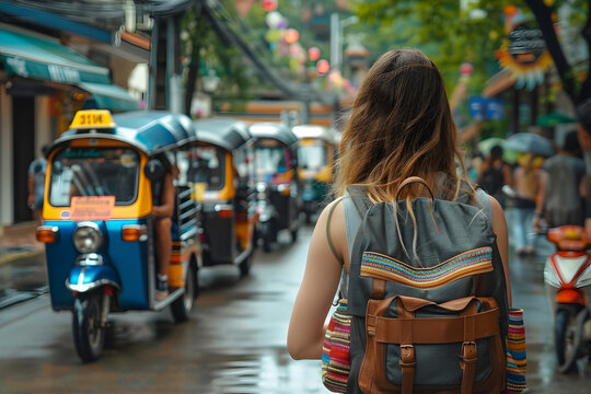 Young American female tourist carries backpack uses tuk tuk to travel