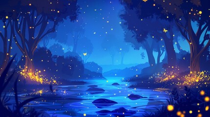 An illustration of neon blue water flowing in dark woods, yellow sparkles glistening in the darkness, fairy tale magic background highlighting golden fireflies. Modern cartoon illustration.