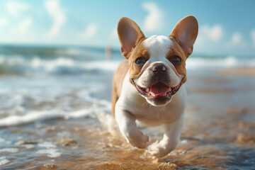 Naklejka premium Happy dog running on beach, summer, created with Generative AI technology