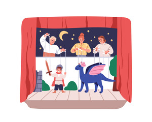 Obraz premium Puppet show on theater stage. Marionette theatre performance, puppetry play with dragon, fairy tale characters. Acting with toys on strings. Flat vector illustration isolated on white background