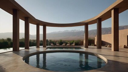 a large flat seamless round swimming pool within a round courtyard of a modern brutalist house in Marrakech, snowy mountains in the background, minimalist wood exterior furniture, ultra realistic and 