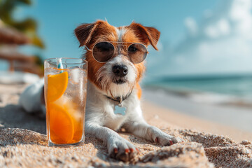 Fototapeta premium Dog in sunglasses chilling on sea, summer, created with Generative AI technology