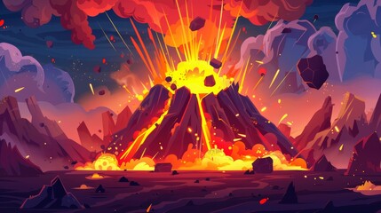 Illustration of a volcano fire lava eruption on an ancient landscape background. Hot extinction land for prehistory adventure game drawings.