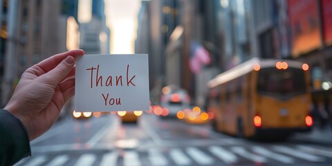 A handheld note expressing gratitude with the busy New York street life in the background