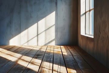 Interior and wood plank floor with  sunlight, Perspective of minimal design architecture, Window and sunlight wallpaper, background for poster, cover, product showcase, AI generated