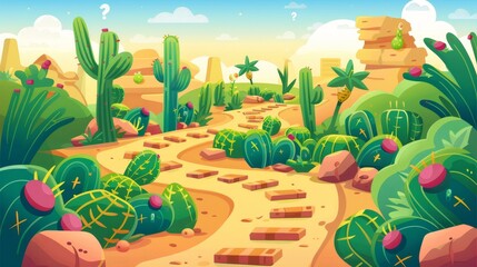 An illustration of the GUI plan illustration with numbers and hot landscape. Fairy kid mobile app interface with cactus, stone, and boulder buttons on the path.