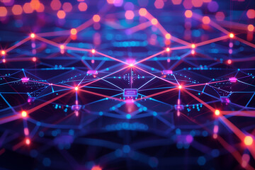 Complex network connections with nodes and glowing links. Technology and communication concept. Design for digital network, infographic, gennerlative ai