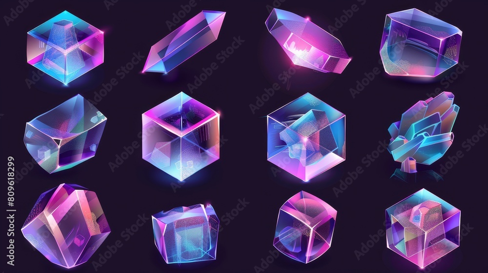 Poster realistic geometric translucent block shape set with purple hologram reflection on different views. 