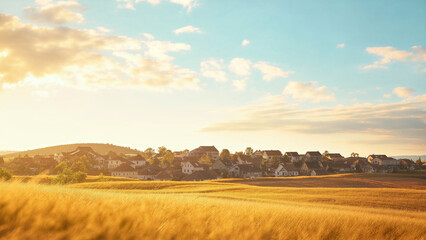 Countryside residential development landscape, Crowded rural homes with warm, tranquil sky and golden crops on horizon