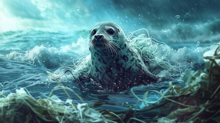 Poignant image of a seal entangled in plastic debris amidst turbulent ocean waves