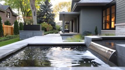 Minimalist garden behind a craftsman house showcasing an understated water feature, enhancing its elegance.