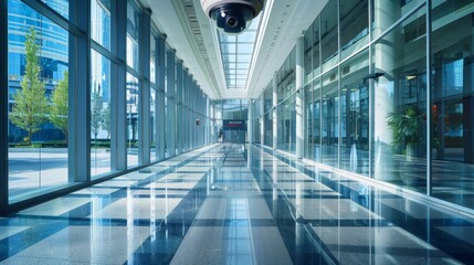 Modern security cameras overseeing a welllit, expansive office building hallway