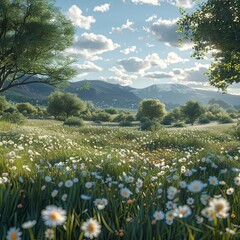 Lush Green Meadow with Blooming Daisies and Scenic Mountain Views in Peaceful Countryside Landscape