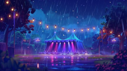 There is rain in the park with an outdoor music festival stage. Open air live rock performances in the rain with a cityscape view cartoon. An empty disco tent on an open air festival or wedding